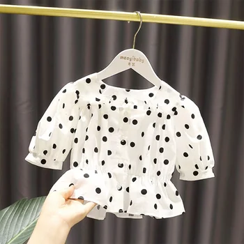 Vara Haine Copii Pulover Volane Bluze La Modă Polka Dot Imprimare Maneca Lunga Fata Coreeană Singur Pieptul Cămașă Albă