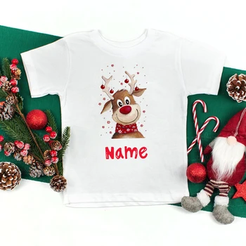 Nume personalizat de Crăciun pentru Copii T-shirt Copilul Personalizate Cerb de Imprimare Topuri Haine Băieți și Fete Tricou Maneca Scurta de Crăciun Tinutele de Petrecere