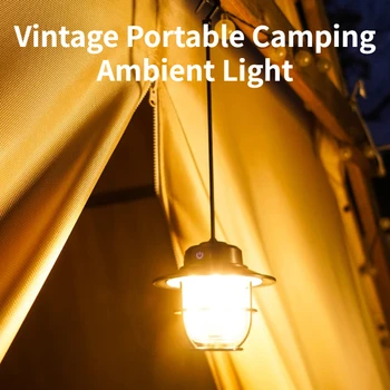 Vintage Portabil Camping Lanternă Reîncărcabilă Cort de Lumină cu Cârlig 4 Moduri Estompat Agățat de Iluminat Ambiental Exterior Impermeabil