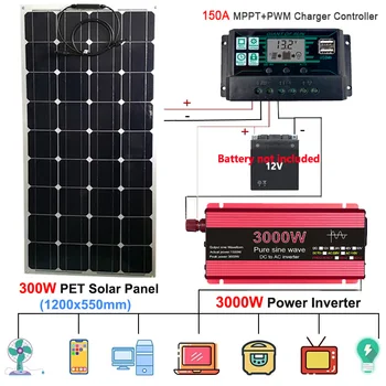 3000W la AC DC Sistemul Solar Power 300W Panou Solar 150A Controler de Încărcare 110/220V Invertor, Încărcător de Baterie de Generare de Energie Kit