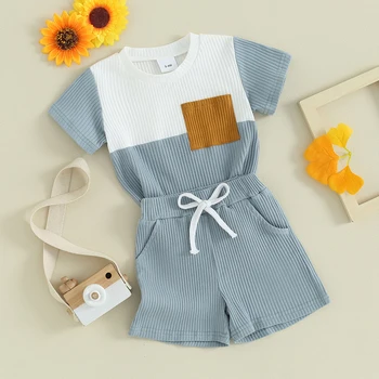 Bebe Băieți Haine De Vară Cu Nervuri Tricot Maneca Scurta Mozaic T-Shirt, Blaturi De Buzunar Pantaloni Scurți Set Toddler Utilaje