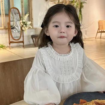 Primavara Toamna coreeană Fată Copilul 2 BUC Haine Set Manșon de Puf Solidă Șifon Tricou Costum Versatil Felinar Scurt Fetita Tinuta