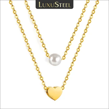 LUXUSTEEL Moda Imitație Pearl Dragoste Inima Pandantiv Colier Pentru Femei Placat cu Aur din Oțel Inoxidabil cu Strat Dublu Lanț de Link-ul Cadou