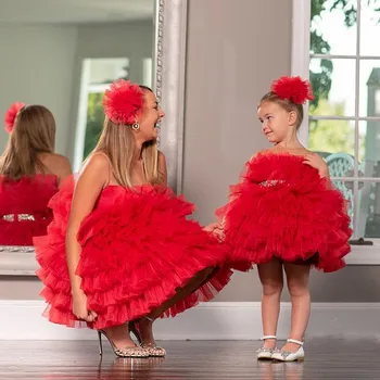 Roșu de Crăciun, Mama și Fiica Dress Strapless Straturi Etajate Puffy Mami și cu Mine Petrecere de Ziua Rochie Pentru Sedinte Foto