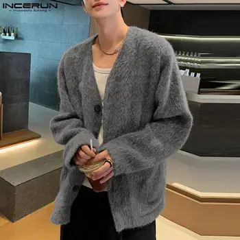 INCERUN Barbati Cardigan de Culoare Solidă Tricot V Gatului Maneca Lunga Butonul Casual Kimono Bărbați Streetwear 2023 Pluș coreean Pulovere S-5XL