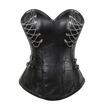 Țeapă Lanț Stil Sexy Femei Steampunk Corset 11 Oțel Dezosată Corset Gotic Din Piele Faux Negru Shaperwear Corsaj Korsett