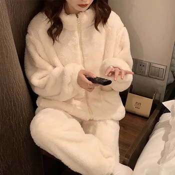 Coreea De Iarnă Pijamale Pentru Femei Pluș Stand Guler Îngroșat Cu Fermoar Îmbrăcăminte Acasă Flanel Cald Set De Pijamale Pijama Mujer