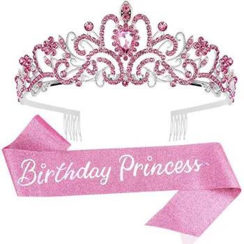 1Set Ziua de naștere a Reginei Satin Sash Stras de Cristal Tiara Coroana pentru Femei Fetelor de 18 21 30 40 50-a Aniversare Petrecere Decoratiuni