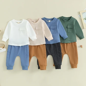 Toddler Boys 2 BUC Pantaloni Seturi Culoare Solidă Maneca Lunga, Jachete și Pantaloni Cordon Sportwear Seturi de Îmbrăcăminte