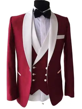 2022 Moda Alb Șal Rever Roșu Bărbați Sacou Pantaloni Rochie De Mireasa Petrecere Purta Costum De Afaceri Seturi(Sacou+Pantaloni+Vesta+Cravata)