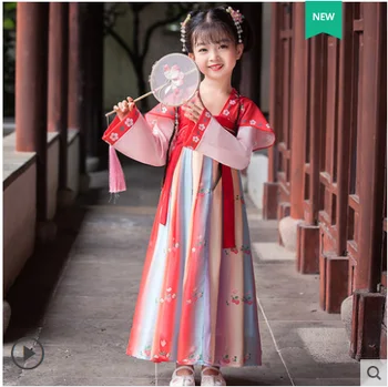 Hanfu Fete Stil Chinezesc Tang Rochie de Primăvară și de Toamnă pentru Copii Vechi Costum Roșu Cherry Blossom Haine de Toamna