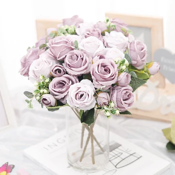 6 Capete de Toamna Trandafiri de Mătase Artificială Flori Violet Mireasa Buchet Vaza DIY Acasă în Camera de zi de Decorare Nunta Cadou Floral Fals