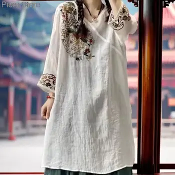 Femei Slabe Tricou Toamna Noua Lenjerie De Pat Din Bumbac Cu Maneci Lungi Haine Stil Chinezesc Doamnelor Broderie Qipao Top Elegant De Flori Bluza