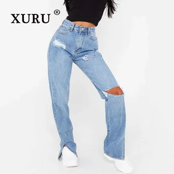 XURU - Nou Stil European și American Split Picior Blugi pentru Femei, Talie Înaltă și Slim Straight Denim K7-6697