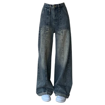 American Retro Largi Spălat Albastru Largi Picior Pantaloni Talie Inalta Din Bumbac Denim Pantaloni Lungi Coreeană De Moda Streetwear Toamna