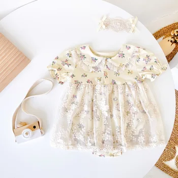 0-3T Nou-născut Copil Fete pentru Copii Haine de Vară Floare Lace Romper Elegant cu Maneci Scurte Florale Salopeta Printesa Rochie de Costume