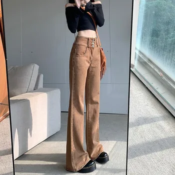 Streetwear Epocă Butonul Mare WaistDenim Pantaloni pentru Femei Casual de Vara Solid Slim Flare Pantaloni de Moda de Îmbrăcăminte pentru Femei