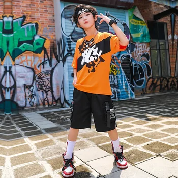 Vara Hip Hop Costum Fete Băiat de Performanță Purta Moda Portocaliu Crewneck Imprimare tricou + pantaloni Scurți Negru 2 buc Copil Jazz Dance Set