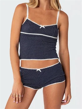 CHRONSTYLE Femei Dot Imprimare Seturi de Pijamale fără Mâneci Curea V-neck Camisole Topuri de Cultură Scăzut Talie pantaloni Scurți 2 Piese Utilaje de Vară 2024