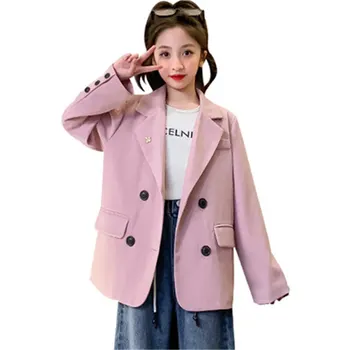 Copii Fete Sacou Roz Kaki de Moda de Îmbrăcăminte pentru Copii Îmbrăcăminte 2023 Toamna Adolescente Casual, Jachete două Rânduri 10 12 13 14Y