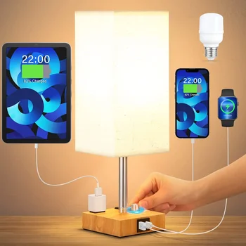 Complet Estompat Lampa de Birou cu Lemn Masiv, Lămpi de Noptieră, cu USB C+UN Porturile de Iluminat cu Led Noptiera Baterii Scris Lumina Lămpii