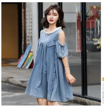 Vara noi pe umărul pierde O rochie a-line moda ureche Denim fusta versiunea coreeană de vârstă reducerea rochie