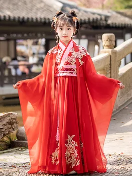 Stil Tradițional Chinezesc Rosu Broderii Florale Rochie Veche Hanfu Fete Costum Oriental Copii Zane Dinastiei Tang Performanță