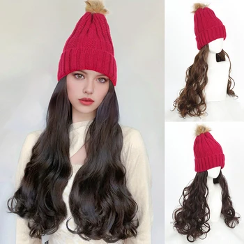 Roșu Pălărie Tricot Cu Sintetic, Lung, Ondulat, Cret Extensii De Par Peruca Cald Tricotate Mesa Pentru Femei De Iarnă
