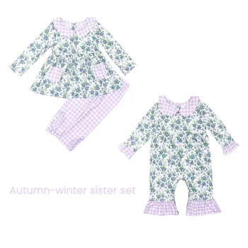 Ropa Baby Maneca Lunga Set Gât Rotund Verde Floral Print Top Fete Haine Și Violet Zăbrele Pantaloni Cutat Cu Sora Vladan