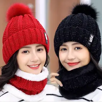 2 Buc/Set Femei Pălărie Eșarfă Set Minge de Plus Tricotate Elastic Rece-dovada Confortabil se Potrivesc Regulate Iarna Căciulă Gât mai Cald Set Pentru Schi