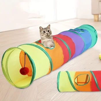 1 buc Pliabil de Culoare Curcubeu Pisica Tunel Toy, Pisica Interactiva Tub Jucărie de Pluș Agățat Mingea pentru Distracție Pentru a Juca
