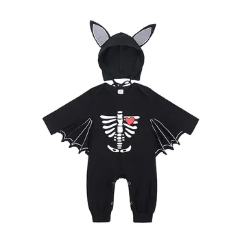 Umorden Costume de Halloween pentru Sugari Baby Black Bat Romper Set Salopeta de Schelet Inima de Imprimare 6-12M 12-18M